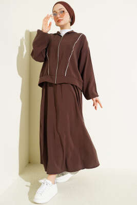 Arma Detaylı Şeritli Modal Etekli Takım Kahve - İkili Takım