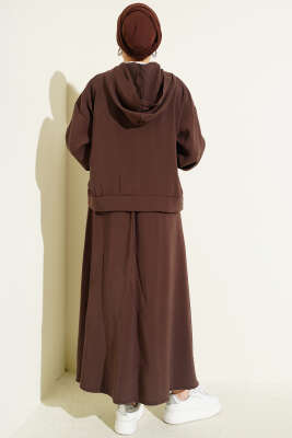 Arma Detaylı Şeritli Modal Etekli Takım Kahve - İkili Takım