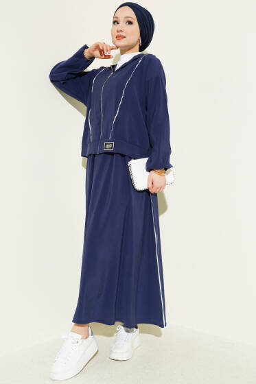 Arma Detaylı Şeritli Modal Etekli Takım Lacivert - İkili Takım