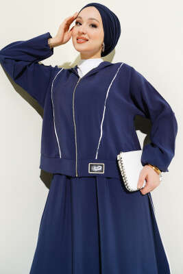 Arma Detaylı Şeritli Modal Etekli Takım Lacivert - İkili Takım