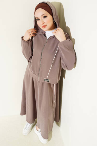 Arma Detaylı Şeritli Modal Etekli Takım Vizon - İkili Takım