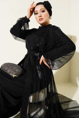 Arma Detaylı Tül Abaya Siyah - Tesettür Elbise