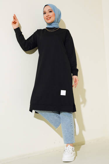 Arma Detaylı Uzun Tunik Siyah - Yılın Fırsatı