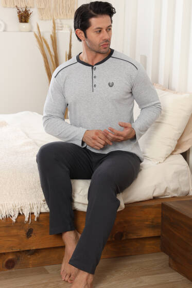 Arma Detaylı Uzun Kollu Erkek Pijama Takımı Gri - Pijama