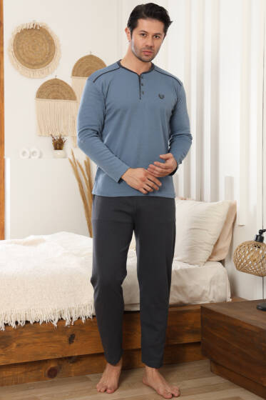 Arma Detaylı Uzun Kollu Erkek Pijama Takımı Mavi - Pijama