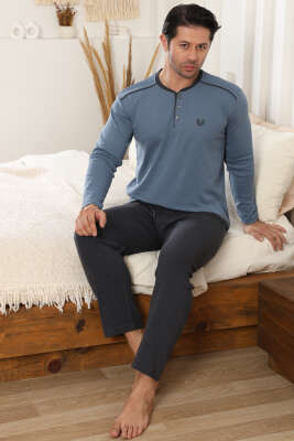 Arma Detaylı Uzun Kollu Erkek Pijama Takımı Mavi - Pijama