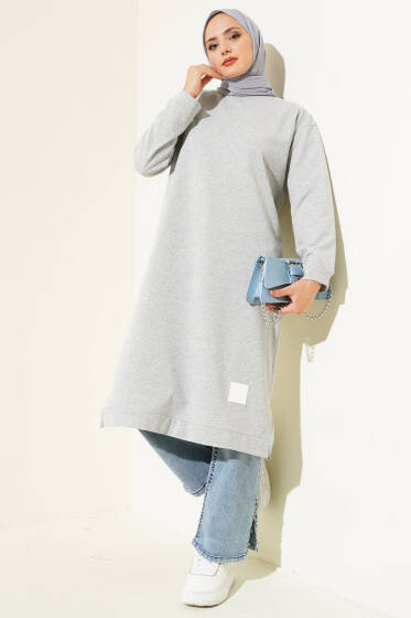Arma Detaylı Uzun Tunik Melanj Gri - Yılın Fırsatı