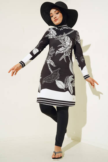 Arma Detaylı Yaprak Desen Tesettür Mayo Siyah - Tesettür Mayo
