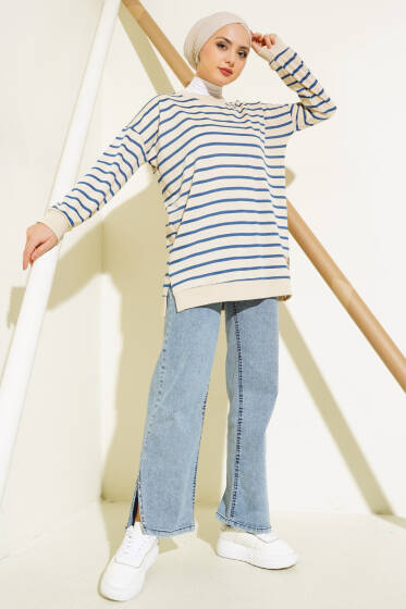 Arma Detaylı Yatay Çizgili Tunik İndigo - Tunik