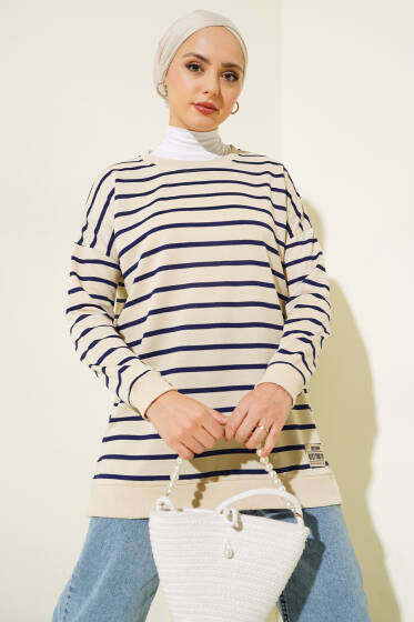 Arma Detaylı Yatay Çizgili Tunik Lacivert - Tunik