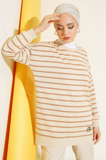 Arma Detaylı Yatay Çizgili Tunik Latte - Tunik