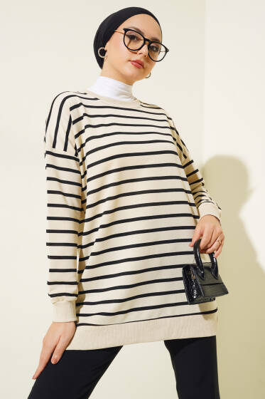 Arma Detaylı Yatay Çizgili Tunik Siyah - Tunik