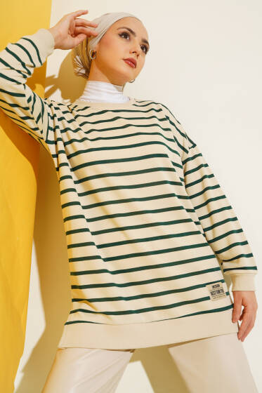 Arma Detaylı Yatay Çizgili Tunik Zümrüt - Tunik