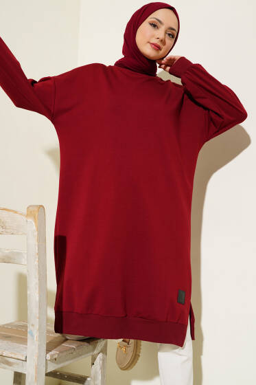 Arma Detaylı Yırtmaçlı Uzun Tunik Bordo - Tunik