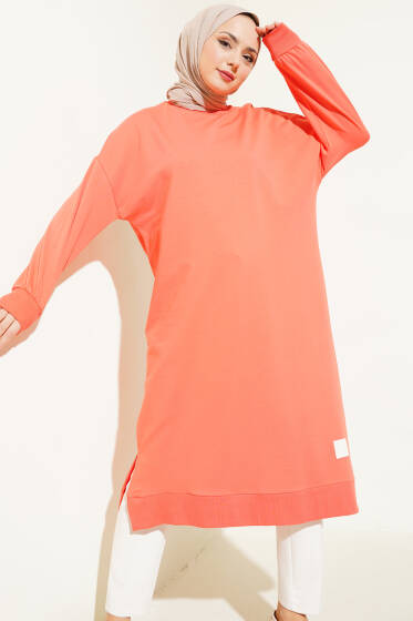 Arma Detaylı Yırtmaçlı Uzun Tunik Nar Çiçeği - Tunik