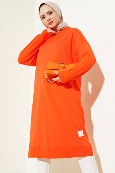 Arma Detaylı Yırtmaçlı Uzun Tunik Oranj - Tunik