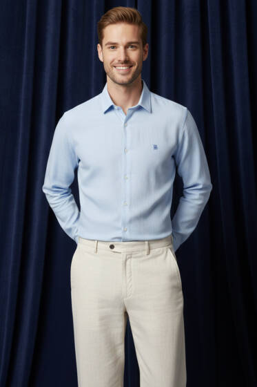 Arma Nakışlı Detaylı Erkek Gömlek Buz Mavisi - Erkek Gömlek