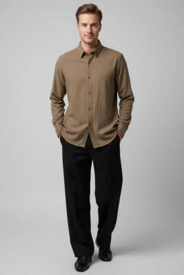 Arma Nakışlı Detaylı Erkek Gömlek Koyu Vizon - Erkek Gömlek