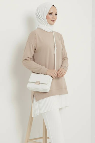 Armalı Alt Eteği Piliseli Tunik Bej - Tunik