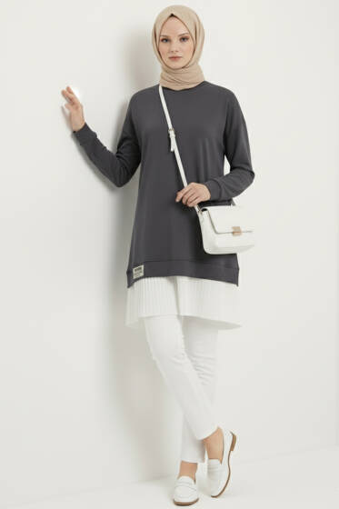 Armalı Alt Eteği Piliseli Tunik Füme - Tunik