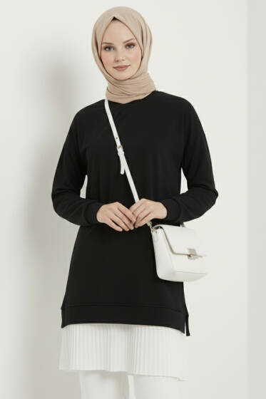 Armalı Alt Eteği Piliseli Tunik Siyah - Tunik