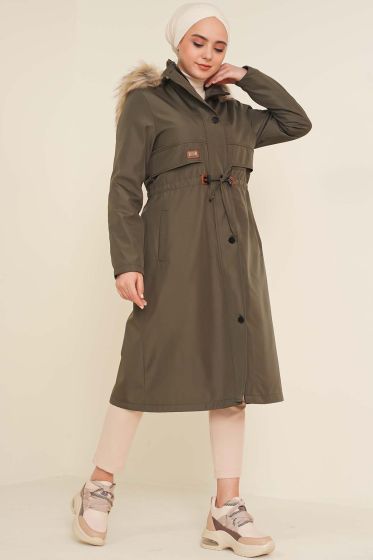 Armalı Bel Büzgülü Kaban Haki - Kaban
