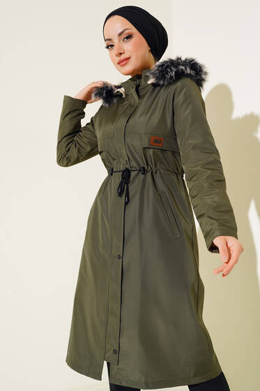 Armalı Beli Büzgülü Mont Haki - Mont