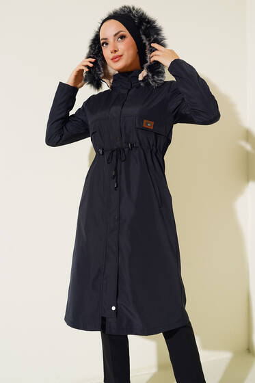 Armalı Beli Büzgülü Mont Lacivert - Mont