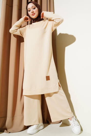 Armalı Bol Paça İkili Takım Kum Bej - İkili Takım