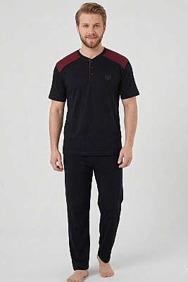 Armalı Büyük Beden Kısa Kol Erkek Pijama Takım Lacivert Bordo 