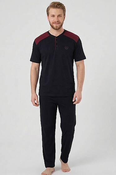 Armalı Büyük Beden Kısa Kol Erkek Pijama Takım Lacivert Bordo - Yılın Fırsatı
