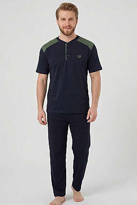 Armalı Büyük Beden Kısa Kol Erkek Pijama Takım Lacivert Haki 