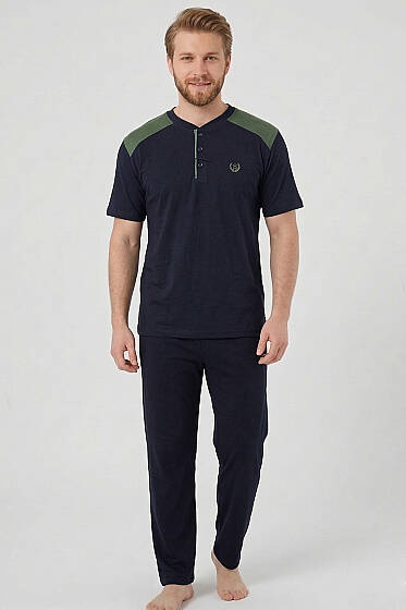 Armalı Büyük Beden Kısa Kol Erkek Pijama Takım Lacivert Haki - Yılın Fırsatı