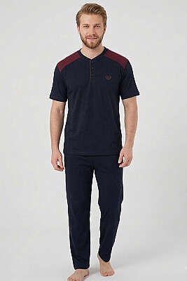 Armalı Büyük Beden Kısa Kol Erkek Pijama Takım Lacivert Mor 