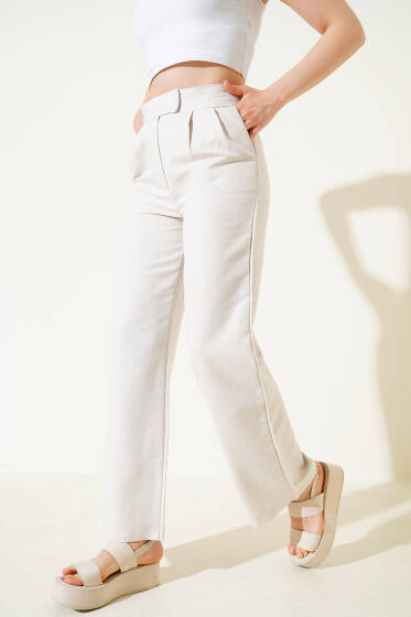 Armalı Cırtcırtlı Keten Pantolon Bej - Kadın Giyim Modelleri