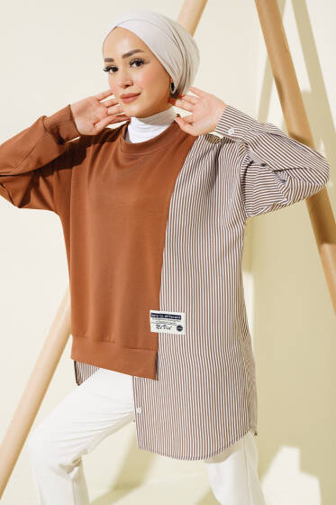 Armalı Çizgi Garnili Tunik Kahve - Tunik
