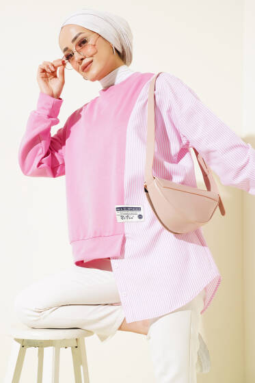 Armalı Çizgi Garnili Tunik Pembe - Tunik