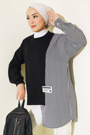 Armalı Çizgi Garnili Tunik Siyah - Tunik