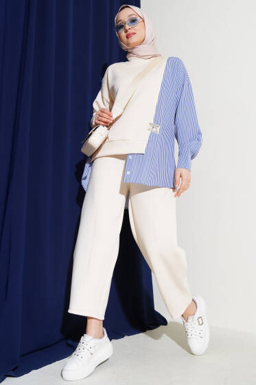 Armalı Çizgili Garnili İkili Takım Bej - İkili Takım