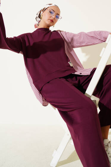 Armalı Çizgili Garnili İkili Takım Bordo - İkili Takım