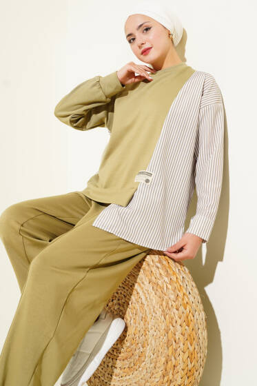 Armalı Çizgili Garnili İkili Takım Çağla Yeşili - İkili Takım