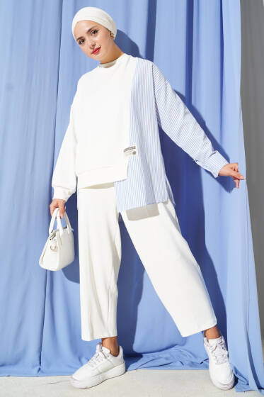 Armalı Çizgili Garnili İkili Takım Ekru - İkili Takım