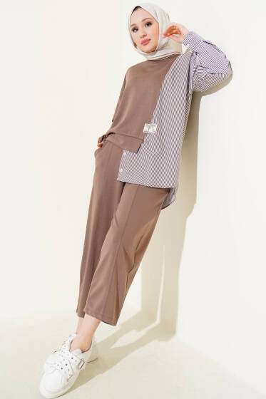 Armalı Çizgili Garnili İkili Takım Kahve - İkili Takım