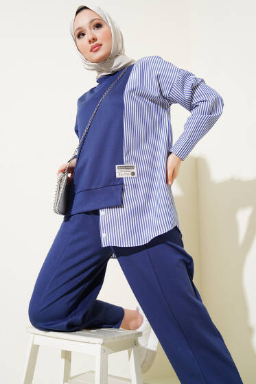 Armalı Çizgili Garnili İkili Takım Lacivert - İkili Takım