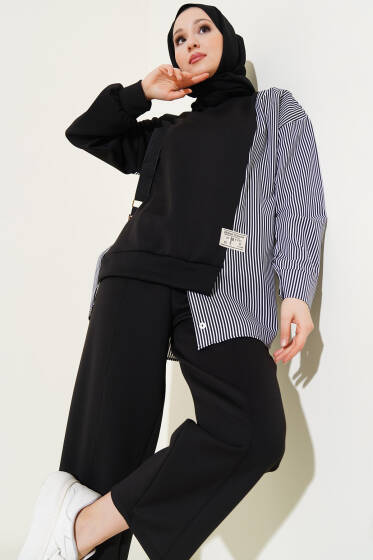 Armalı Çizgili Garnili İkili Takım Siyah - İkili Takım