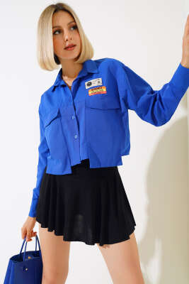 Armalı Crop Gömlek Saks - Kadın Giyim Modelleri