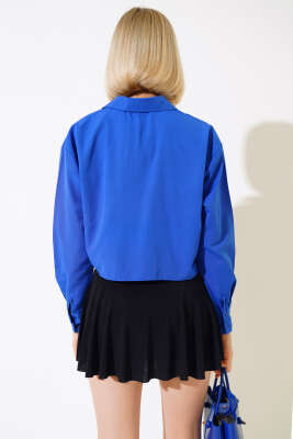 Armalı Crop Gömlek Saks - Kadın Giyim Modelleri