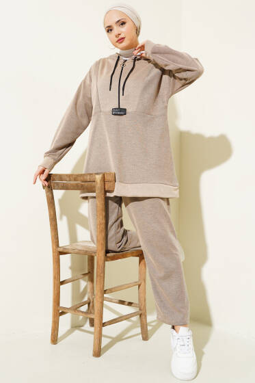 Armalı Fermuarlı Kapüşonlu İkili Takım Bej - İkili Takım