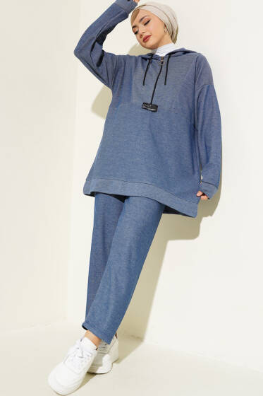 Armalı Fermuarlı Kapüşonlu İkili Takım İndigo - İkili Takım