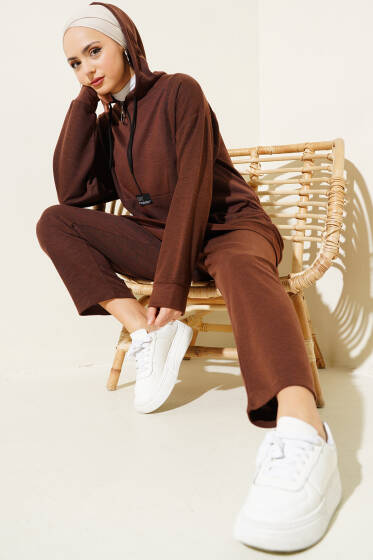 Armalı Fermuarlı Kapüşonlu İkili Takım Kahve - İkili Takım